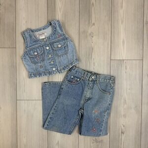 Vintage Jordache Girls 6X Large Denim Vest & Jeans Embroidered